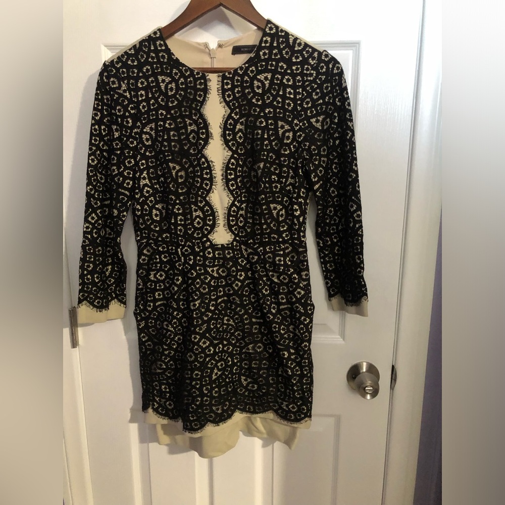 BCBGMaxAzria Black Lace Overlay on Cream Long-Sleeve Dress